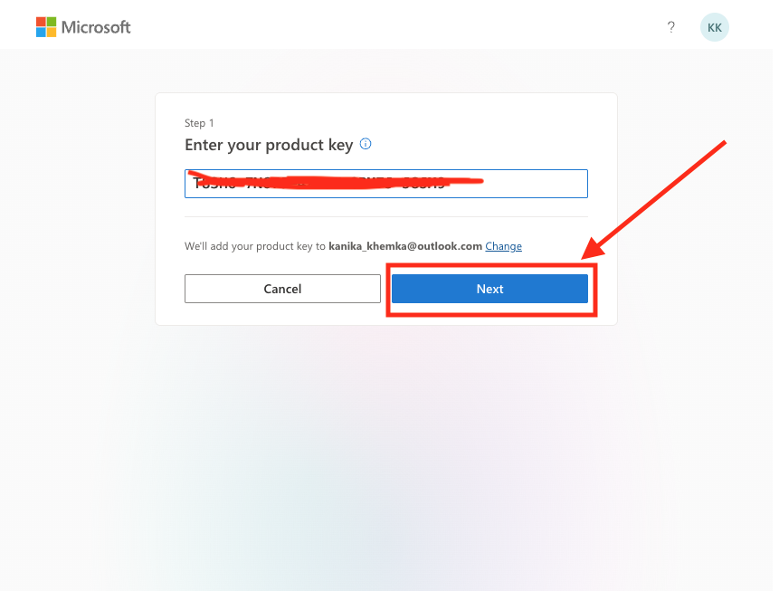 Enter product key and click Next